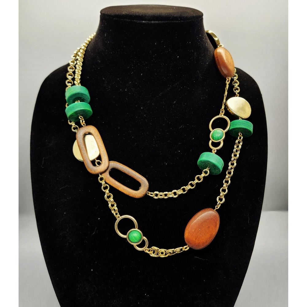 Chico's Long Statement Necklace Wood Green Gold Tone Beaded Boho Artisan
